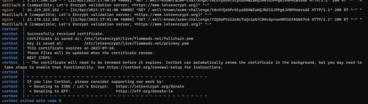 Сообщения от Nginx и Certbot