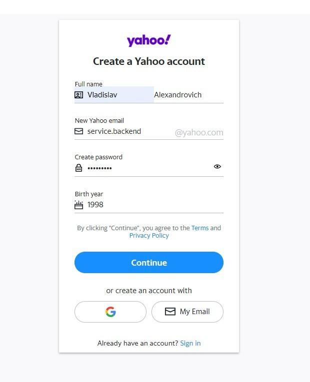 Регистрация в Yahoo