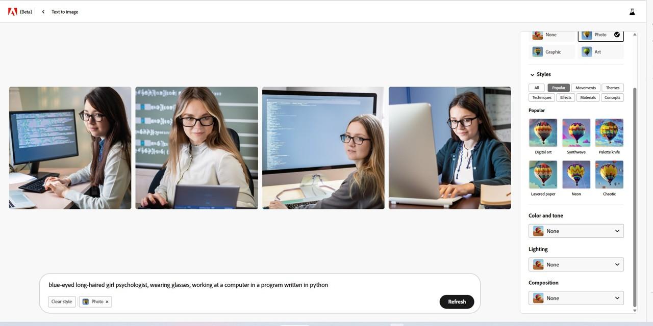 blue-eyed long-haired girl psychologist, wearing glasses, working at a computer in a program written in python